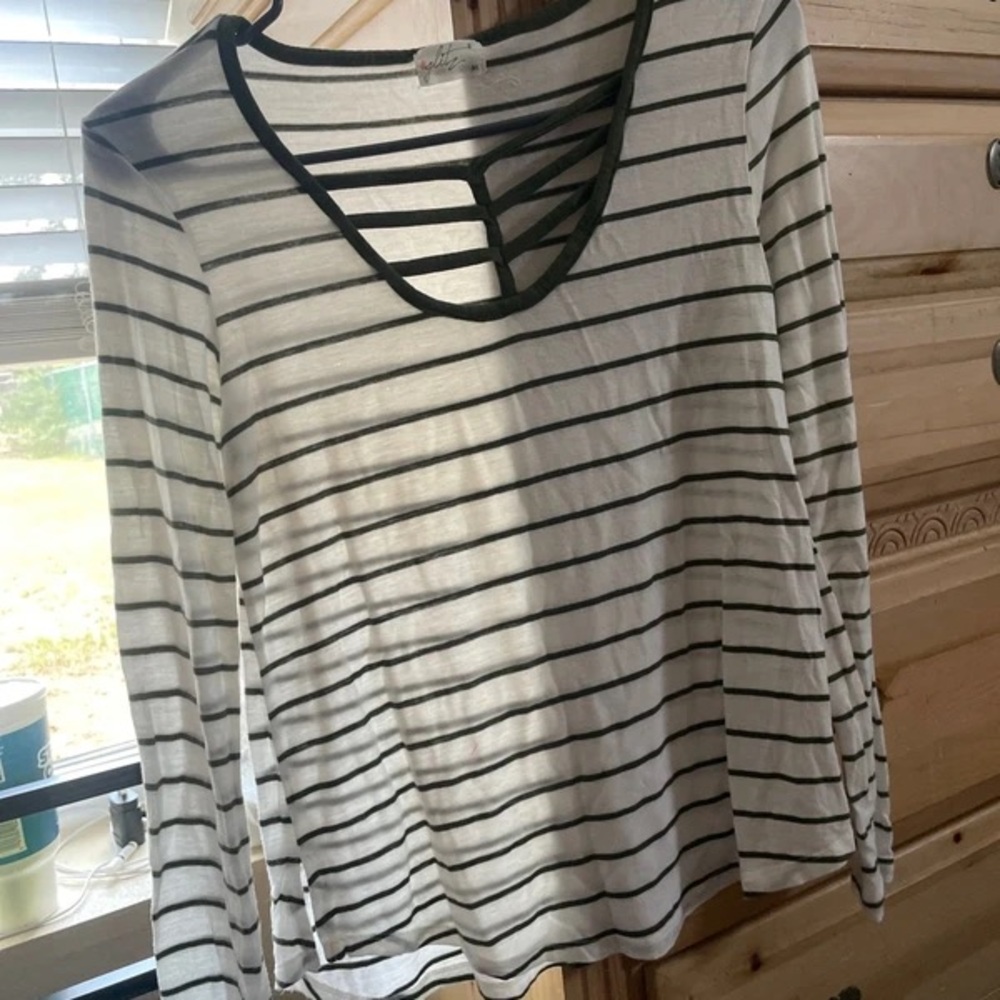 Glitz White and Black Striped Long-Sleeve Top with Ladder Neck Detail